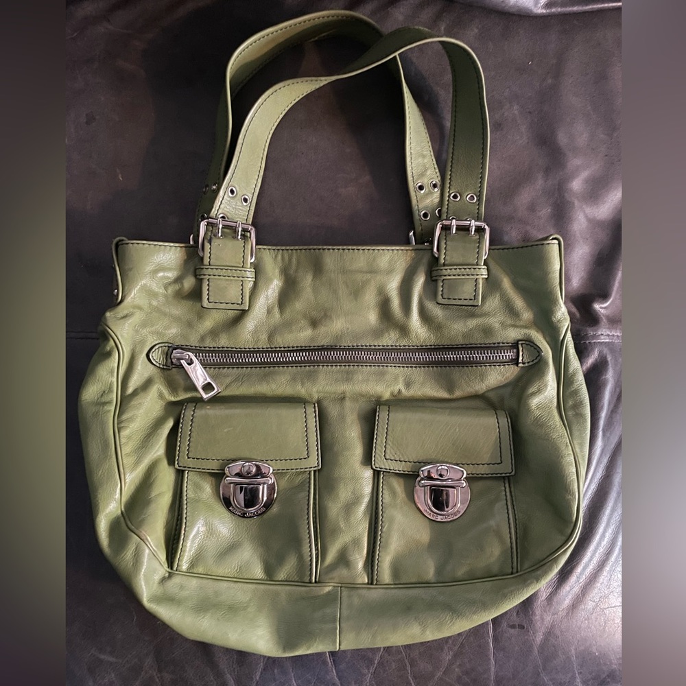 Vintage y2k  Marc Jacob’s large tote. Green leather. Blue suede lining. Big!